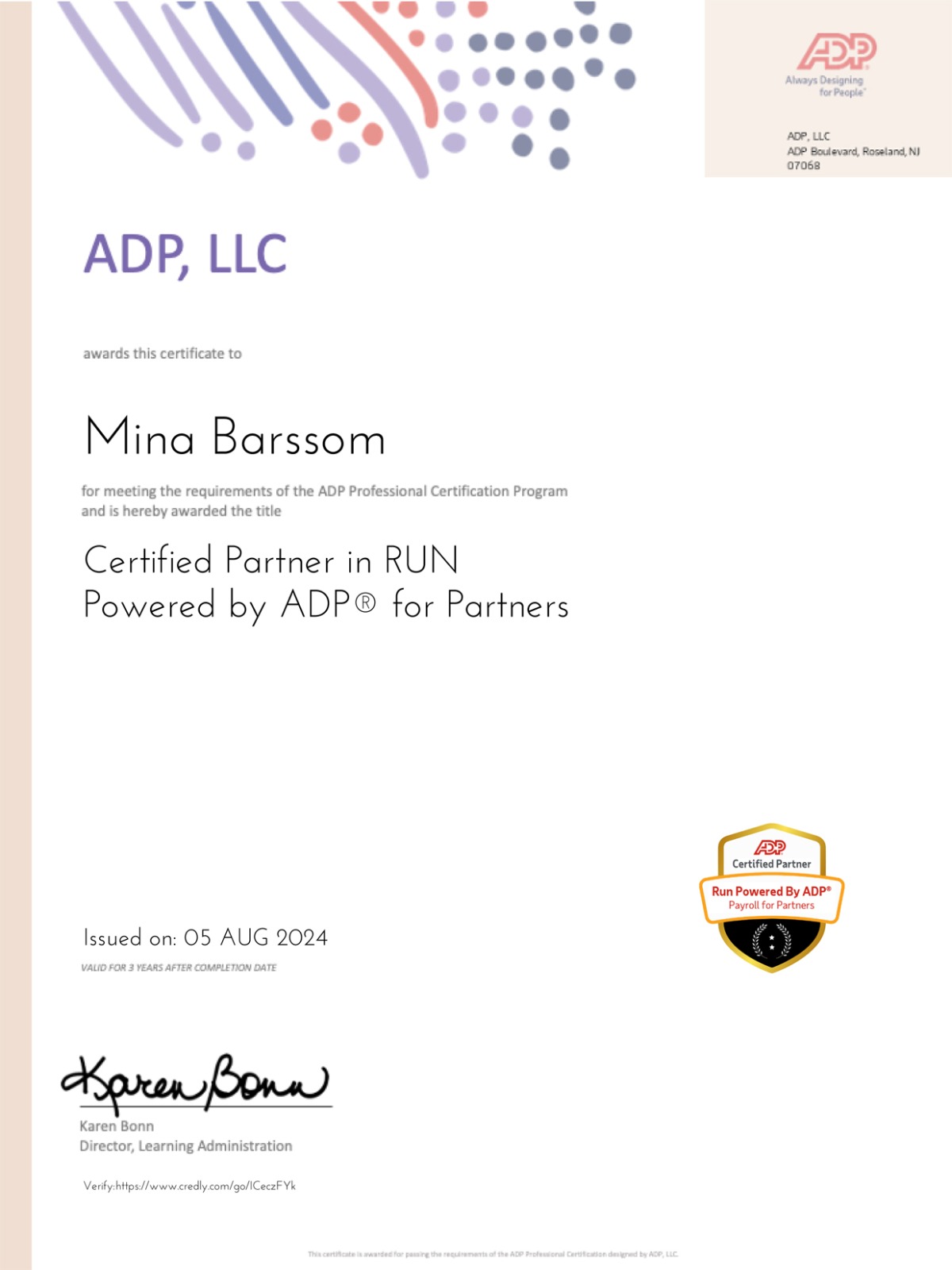 ADP Certification Certificate